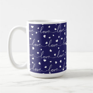 NAVY BLUE WITH WHITE SCRIPTED LOVE WITH HEARTS COFFEE MUG
