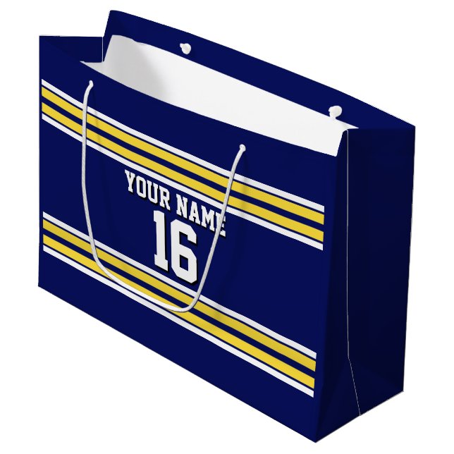 Navy Blue with Yellow White Stripes Team Jersey Large Gift Bag (Front Angled)