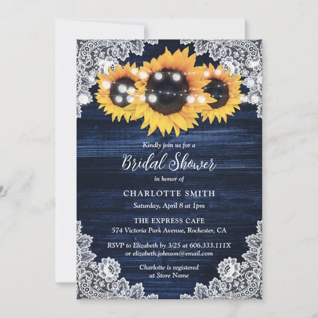 Navy Blue Wood and Lace Sunflower Bridal Shower Invitation (Front)