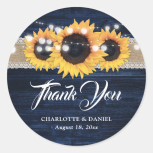 Navy Blue Wood Burlap Lace Sunflower Wedding Classic Round Sticker