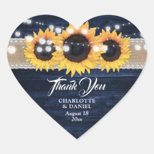 Navy Blue Wood Burlap Lace Sunflower Wedding Favor Heart Sticker