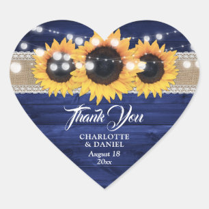 Navy Blue Wood Burlap Lace Sunflower Wedding Favor Heart Sticker