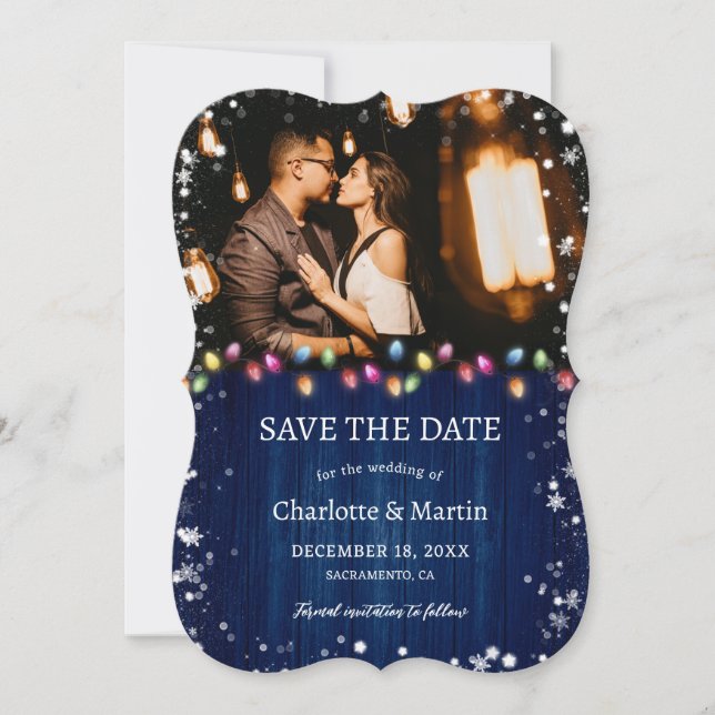 Navy Blue Wood Christmas Lights Holiday Wedding Save The Date (Front)