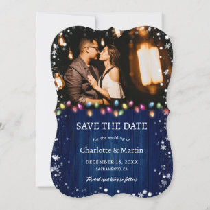 Navy Blue Wood Christmas Lights Holiday Wedding Save The Date
