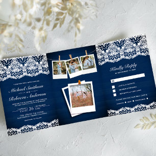Navy Blue Wood Country Lace Photo Collage Wedding Tri-Fold Invitation