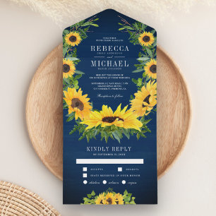 Navy Blue Wood Country Sunflowers Garland Wedding All In One Invitation