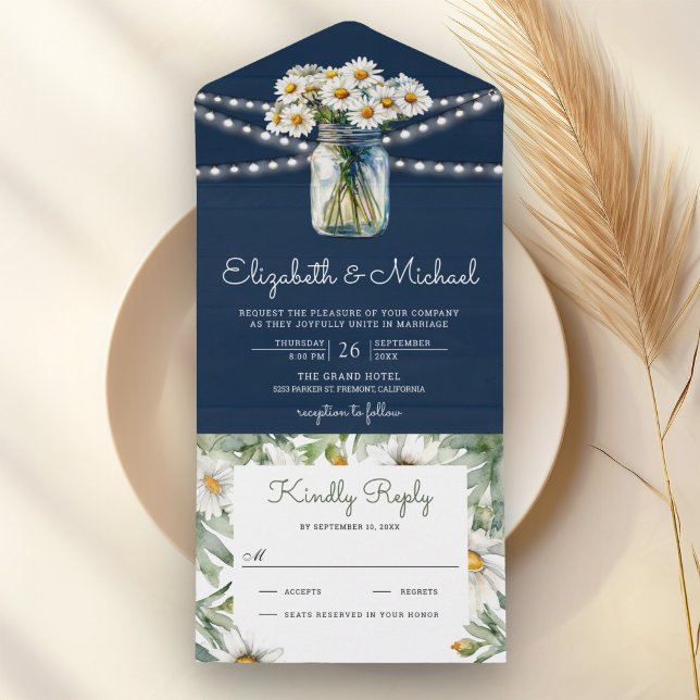 Navy Blue Wood Daisies Floral Mason Jar Wedding All In One Invitation (Creator Uploaded)