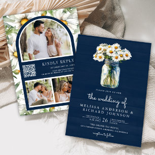 Navy Blue Wood Daisies Mason Jar QR Code Wedding Invitation