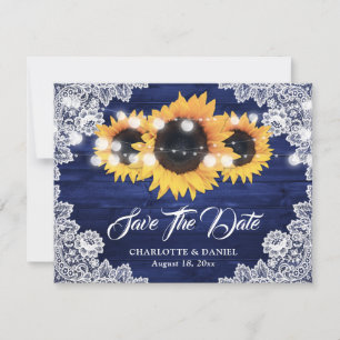 Navy Blue Wood Floral Lace Sunflower Wedding Announcement