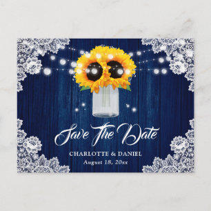 Navy Blue Wood Floral Lace Sunflower Wedding Announcement Postcard