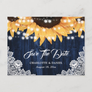 Navy Blue Wood Floral Lace Sunflower Wedding Announcement Postcard