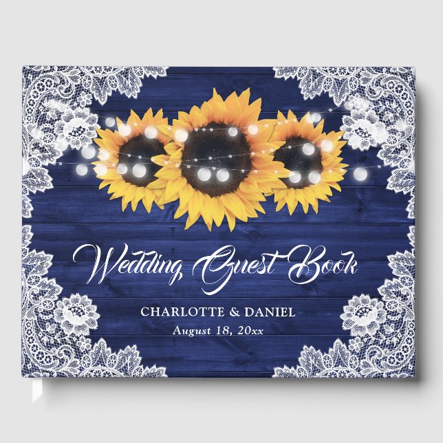Navy Blue Wood Floral Lace Sunflower Wedding Guest Book (Front)