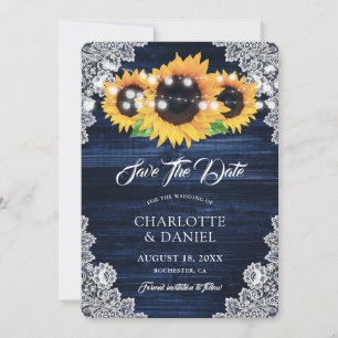 Navy Blue Wood Floral Lace Sunflower Wedding Save The Date