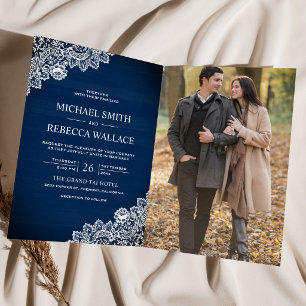 Navy Blue Wood Lace Photo QR Code Wedding Invitation