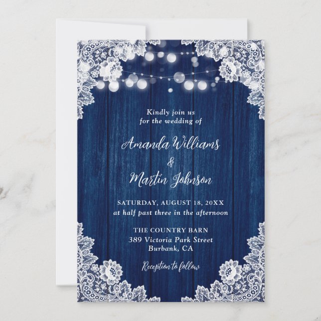 Navy Blue Wood Lace Romantic Rustic Chic Wedding Invitation (Front)