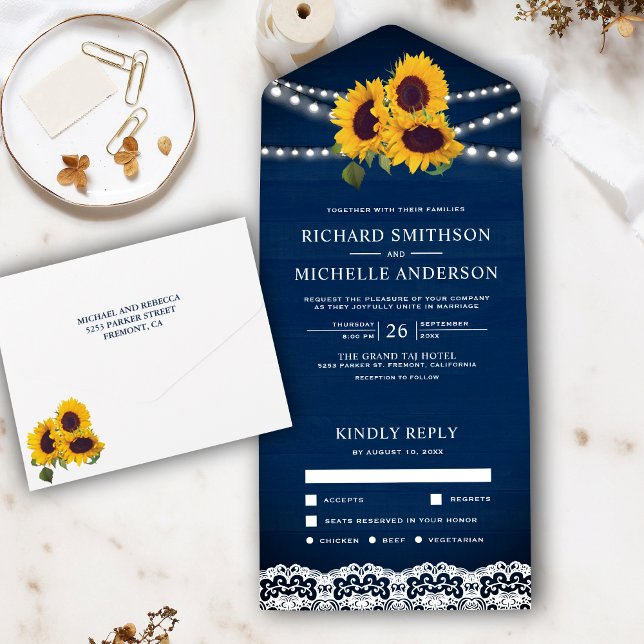 Navy Blue Wood Lace String Light Sunflower Wedding All In One Invitation (Creator Uploaded)