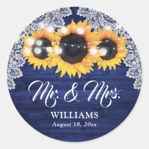Navy Blue Wood Lace Sunflower Mr and Mrs Wedding Classic Round Sticker