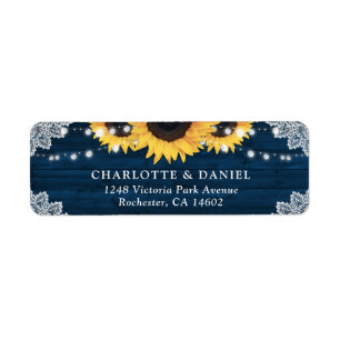 Navy Blue Wood Lace Sunflower Return Address