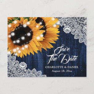 Navy Blue Wood Lace Sunflower Wedding Announcement Postcard