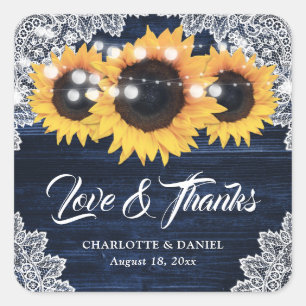 Navy Blue Wood Lace Sunflower Wedding Thank You Square Sticker