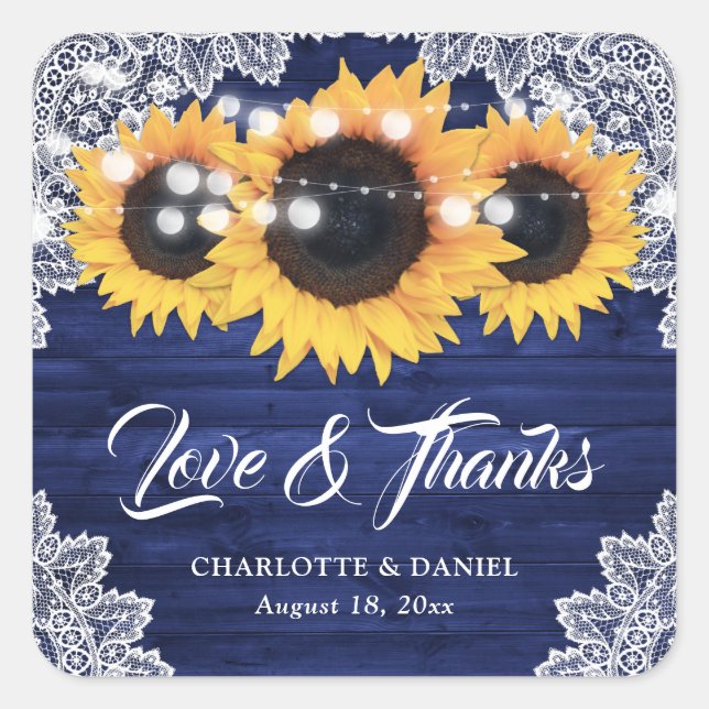 Navy Blue Wood Lace Sunflower Wedding Thank You Square Sticker (Front)
