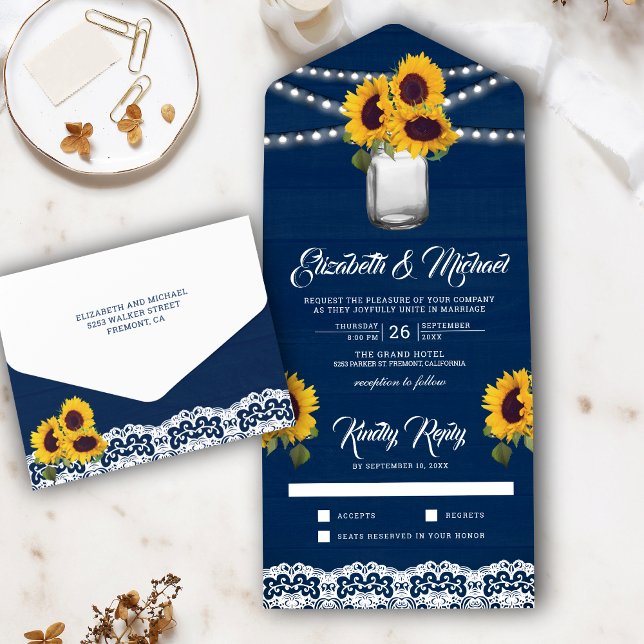 Navy Blue Wood Lace Sunflowers Mason Jar Wedding All In One Invitation (Creator Uploaded)