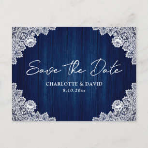 Navy Blue Wood Lace Wedding Save The Date Postcard