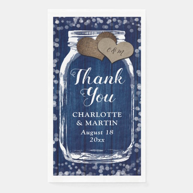 Navy Blue Wood Mason Jar Winter Wedding Thank You Napkin (Front)