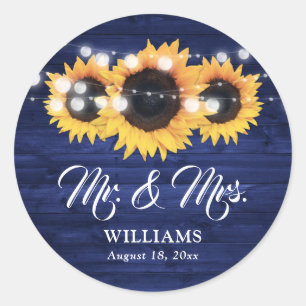 Navy Blue Wood Mr and Mrs Sunflower Wedding Classic Round Sticker