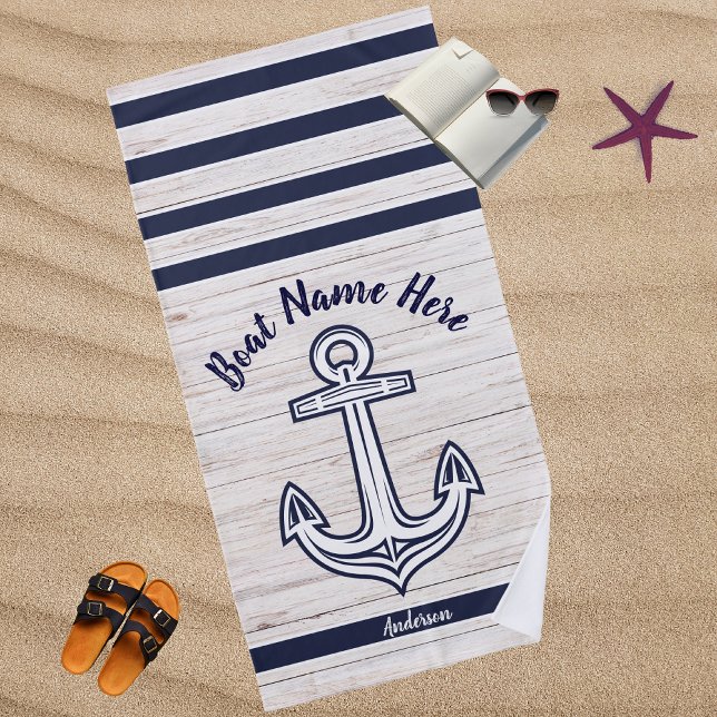 Navy Blue Wood Nautical Anchor Add Boat Name  Beach Towel (Creator Uploaded)