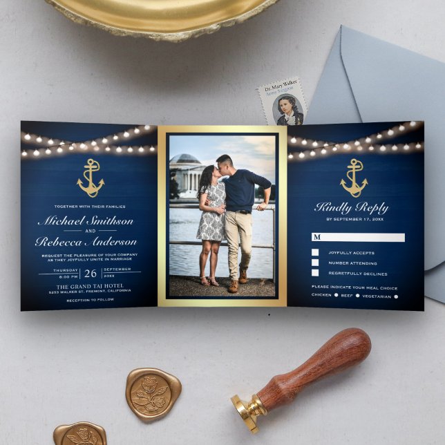 Navy Blue Wood Nautical Gold Anchor Lights Wedding Tri-Fold Invitation (Creator Uploaded)