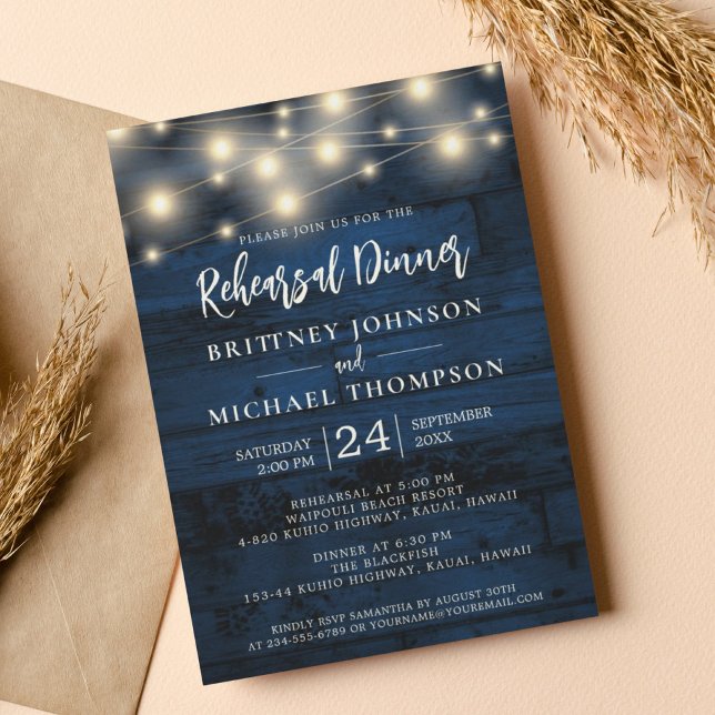 Navy Blue Wood String Light Rehearsal Dinner Invitation (Navy wood rustic string lights rehearsal dinner invitation is perfect for a barn or country wedding.)