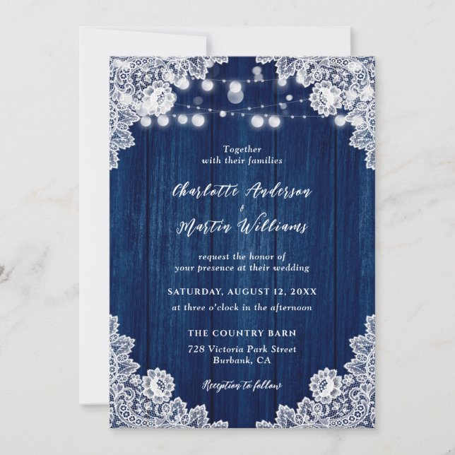 Navy Blue Wood String Lights Floral Lace Wedding Invitation (Front)