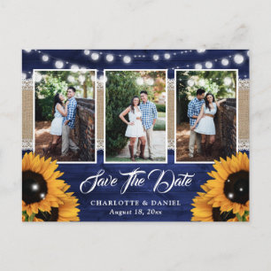Navy Blue Wood String Lights Sunflower Photo Announcement Postcard