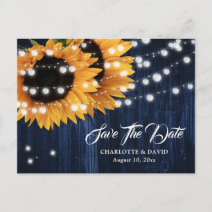 Navy Blue Wood String Lights Sunflower Wedding Announcement Postcard