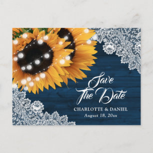 Navy Blue Wood String Lights Sunflower Wedding Announcement Postcard