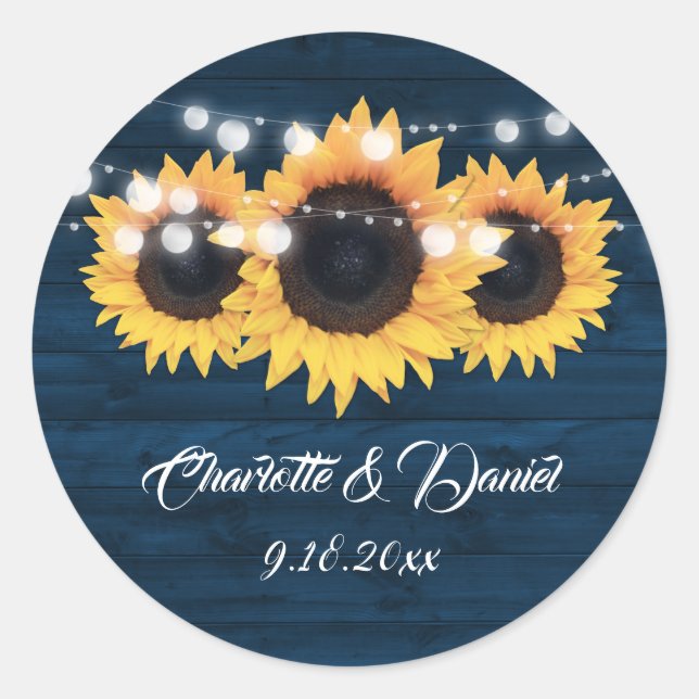 Navy Blue Wood String Lights Sunflower Wedding Classic Round Sticker (Front)