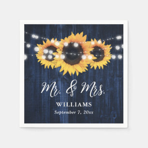 Navy Blue Wood String Lights Sunflower Wedding Napkin