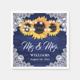 Navy Blue Wood Sunflower Floral Lace Wedding Napkin
