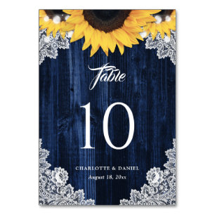 Navy Blue Wood Sunflower String Lights Floral Lace Table Number