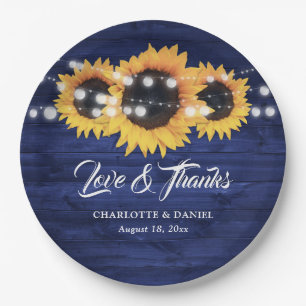 Navy Blue Wood Sunflower String Lights Wedding Paper Plate