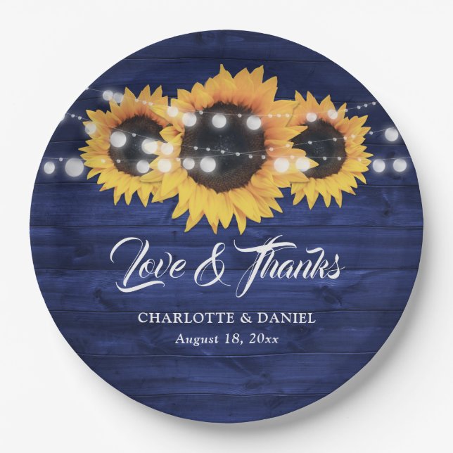 Navy Blue Wood Sunflower String Lights Wedding Paper Plate (Front)