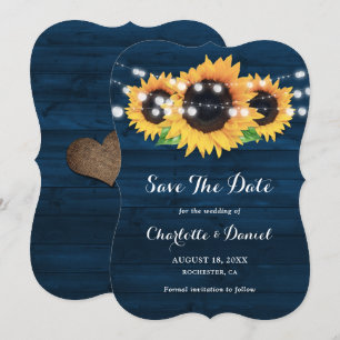 Navy Blue Wood Sunflower String Lights Wedding Save The Date