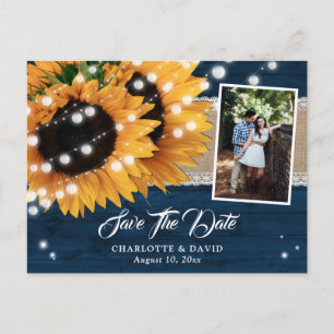 Navy Blue Wood Sunflower Wedding Photo Announcement Postcard