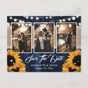 Navy Blue Wood Sunflower Wedding Photo Announcement Postcard