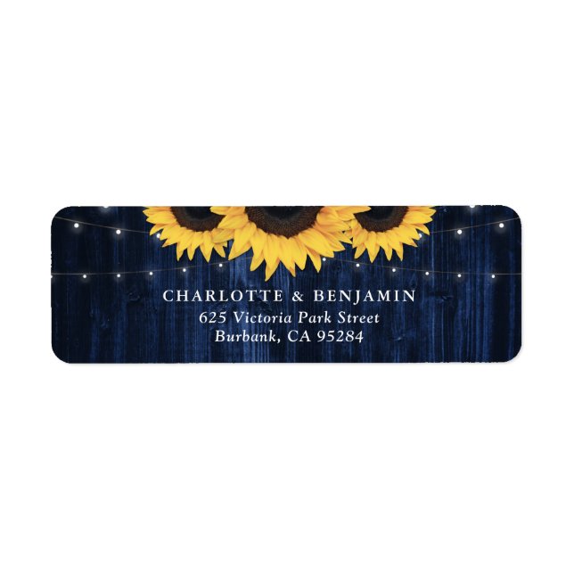 Navy Blue Wood Sunflower Wedding Return Address (Front)