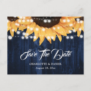 Navy Blue Wood Sunflower Wedding Save The Date Announcement Postcard