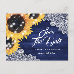 Navy Blue Wood Sunflower Wedding Save The Date Announcement Postcard