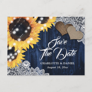 Navy Blue Wood Sunflower Wedding Save The Date Announcement Postcard
