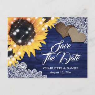 Navy Blue Wood Sunflower Wedding Save The Date Announcement Postcard